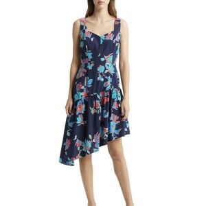 Du Paradis Floral Asymmetric Hem Cotton Midi Dress Size L Summer Night Navy Blue